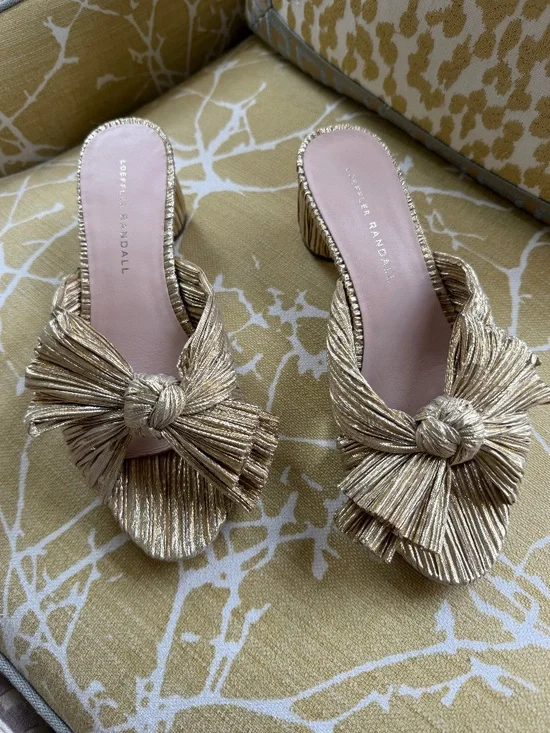 Loeffler Randall Emilia bow-embellished plissé-lamé mules - Picture 1 of 5